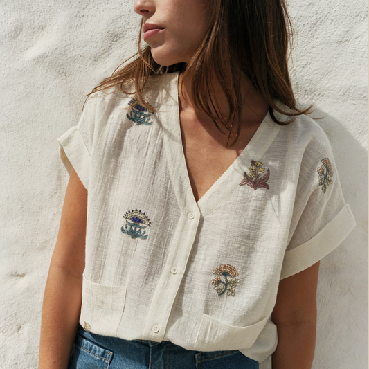 Indi & Cold, Short-Sleeve Embroidered Shirt