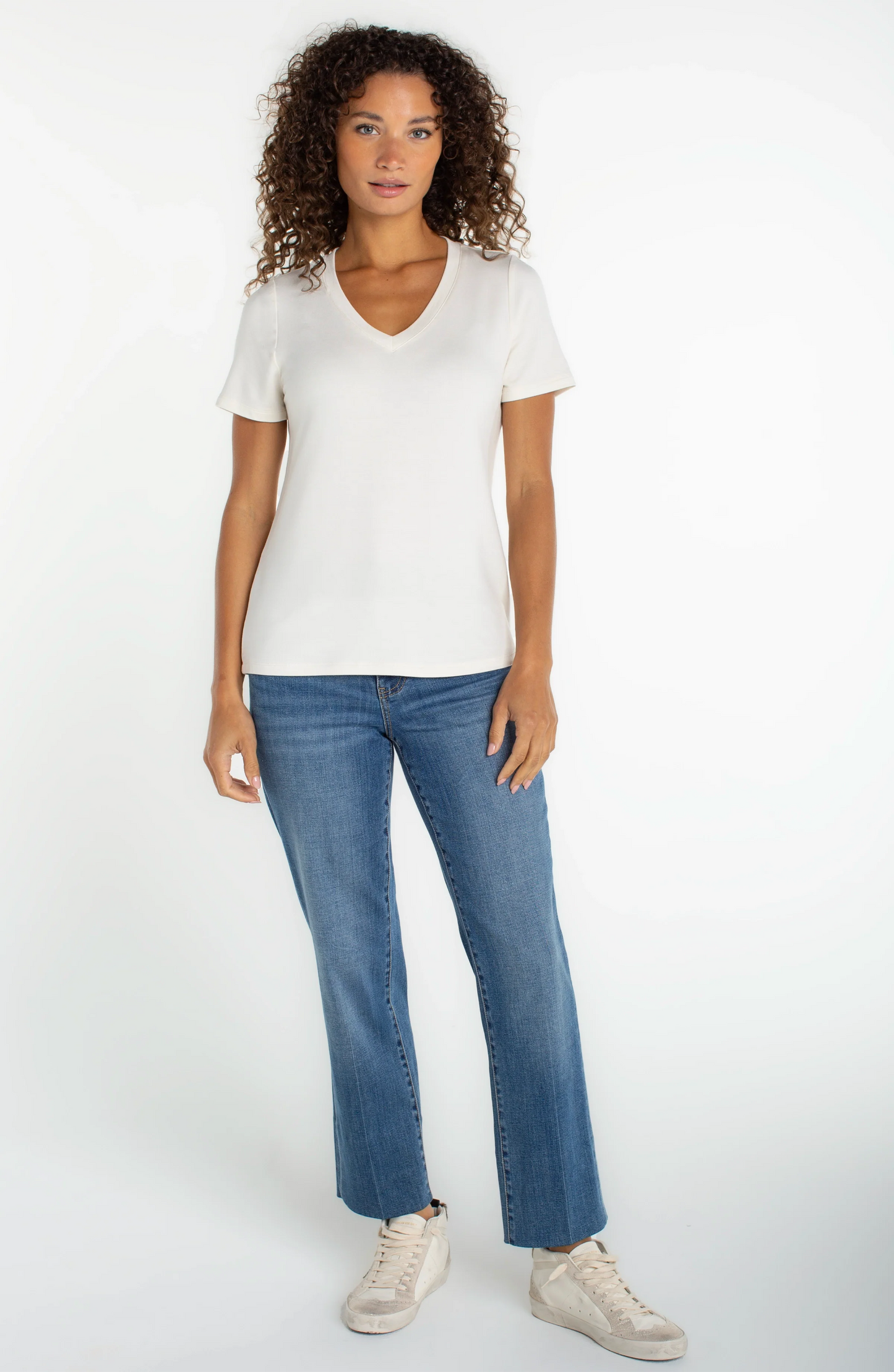 Liverpool, Short Sleeve V-Neck Knit Tee, French Cream