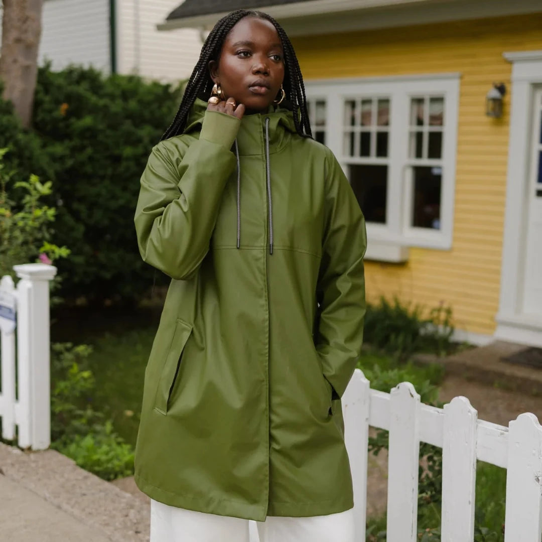 The Mernini Raincoat, Three Quarter, Chive Green