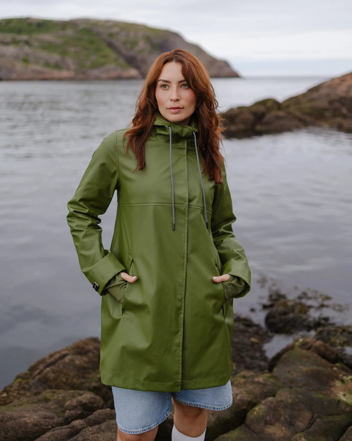 The Mernini Raincoat, Three Quarter, Chive Green