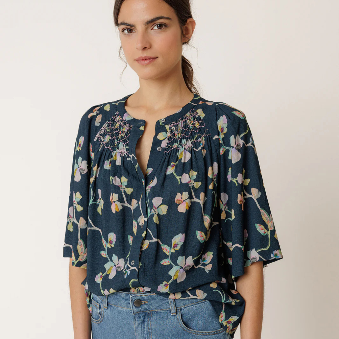 Indi & Cold, Smock Detail Shirt, Navy