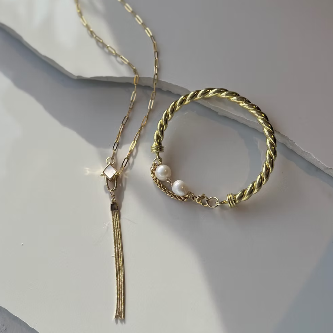 Frug, 14K Goldplated Twisted Cuff with Pearl Bracelet FBJ29