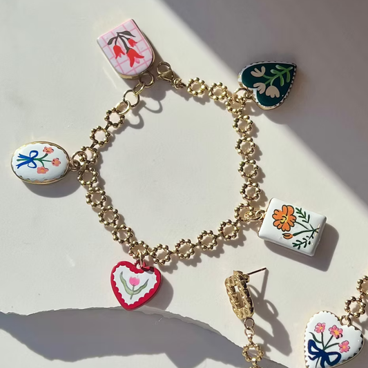 Frug, Vintage Brass Chain Bracelet with Ceramic Charms, FBJ31