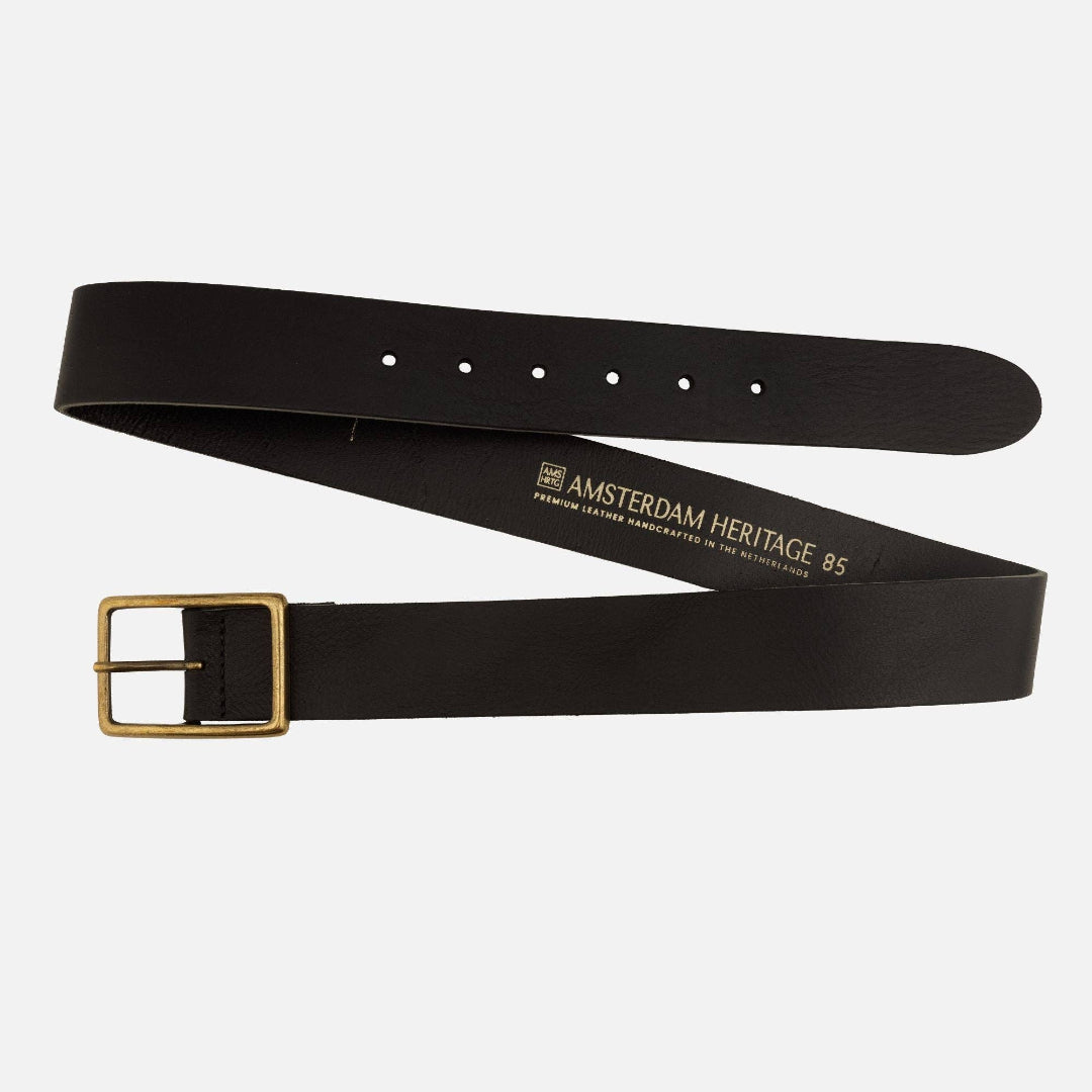 May, Classic Leather Belt with Rectangular Buckle, Black, M-90