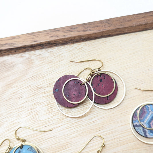 Hello Lovely Cork Co., Circle Cork and Brass Earrings, Wine Red