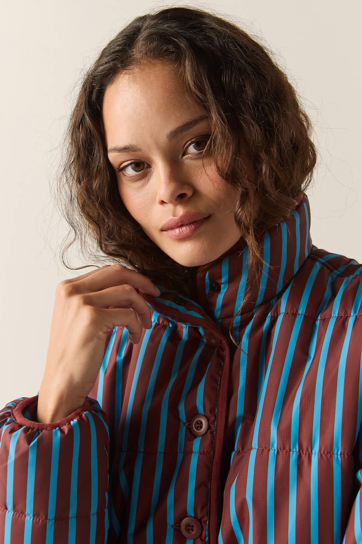 Brixton, Delilah Mock NeckJacket, Dark Brick/Electric Indigo Stripe