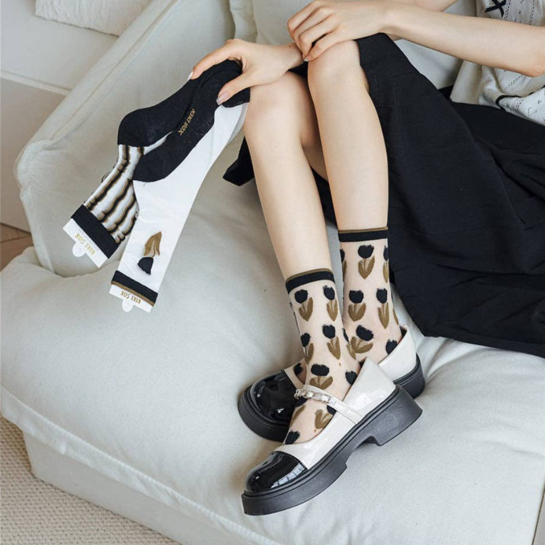Rufia, Abstract Floral Sheer Crew Socks, Tulips