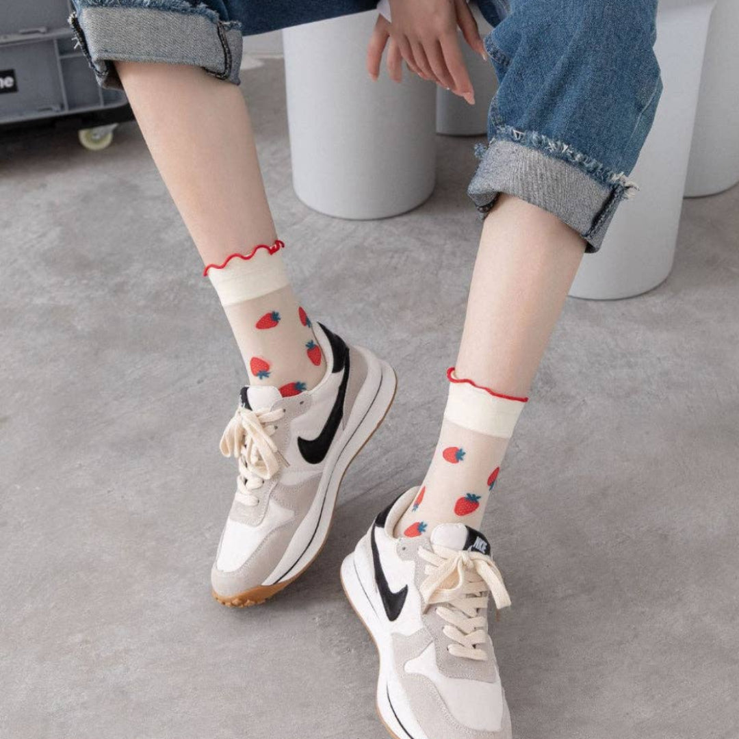 Rufia, Sheer Fruit Crew Socks, Strawberry