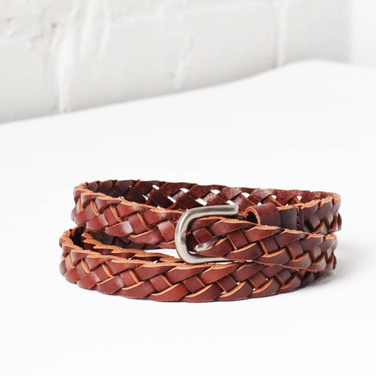 Uppdoo, Venice, Hand-Woven Skinny Leather Belt, Chestnut
