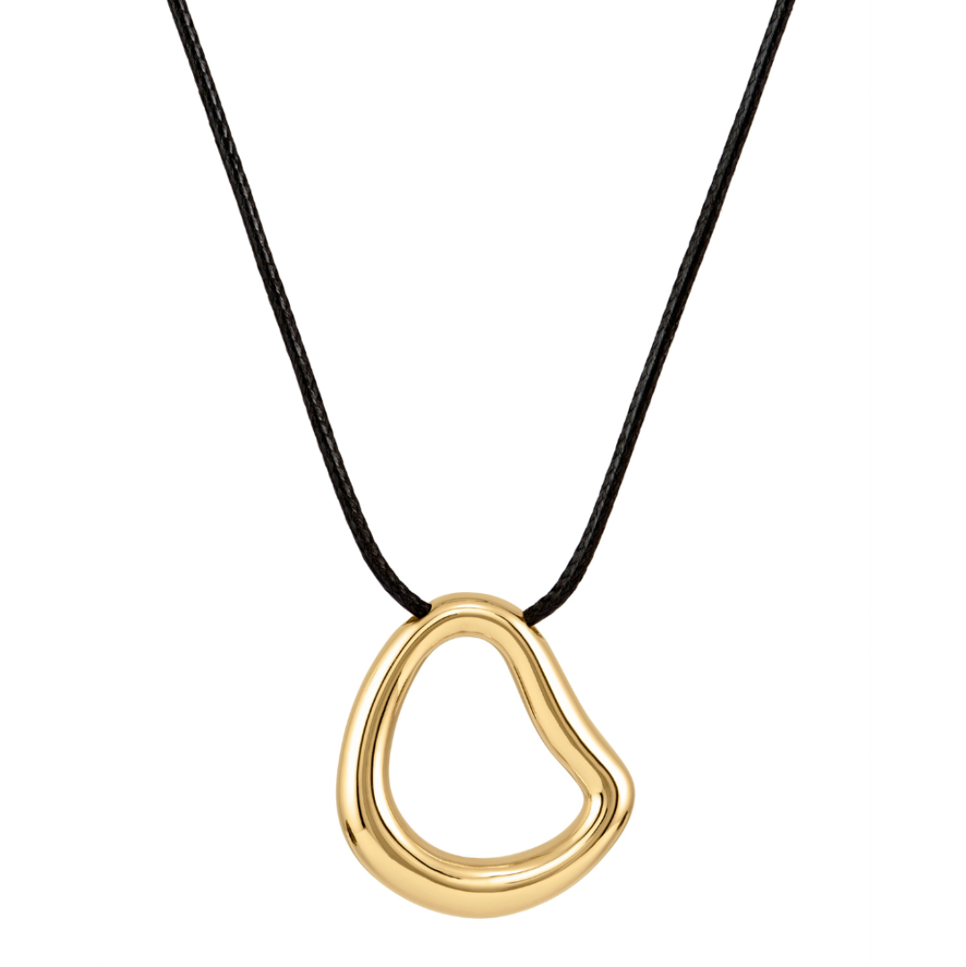 A gold-toned abstract open pendant necklace on a black cord, shown against a plain white background.