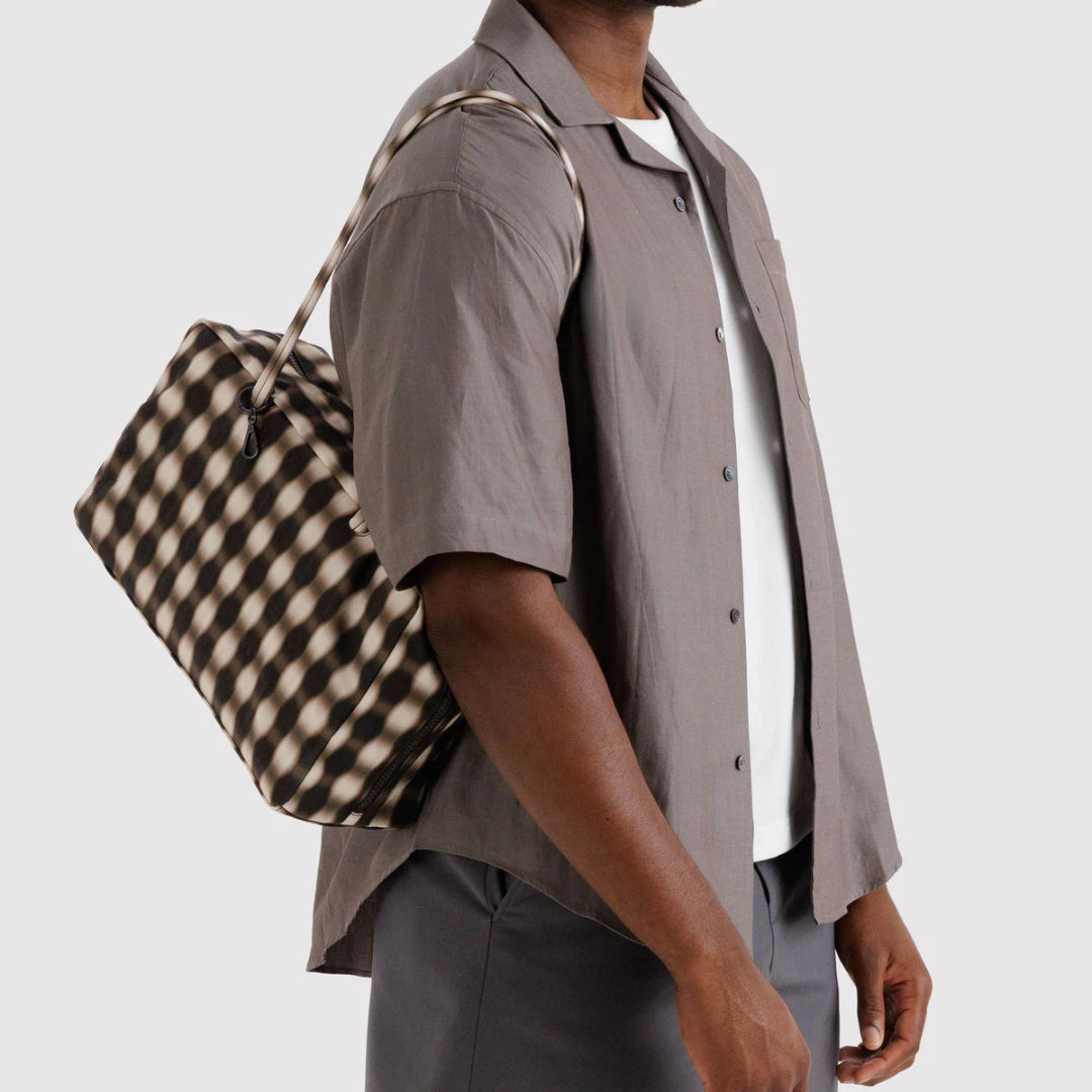 Baggu, Medium Nylon Bowler Bag, Blurred Gingham Brown