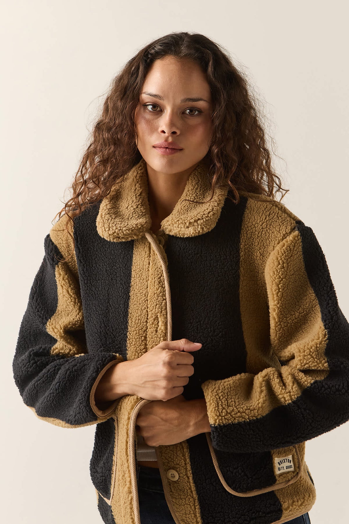 Brixton, Delilah Sherpa Jacket, Khaki/Black Stripe