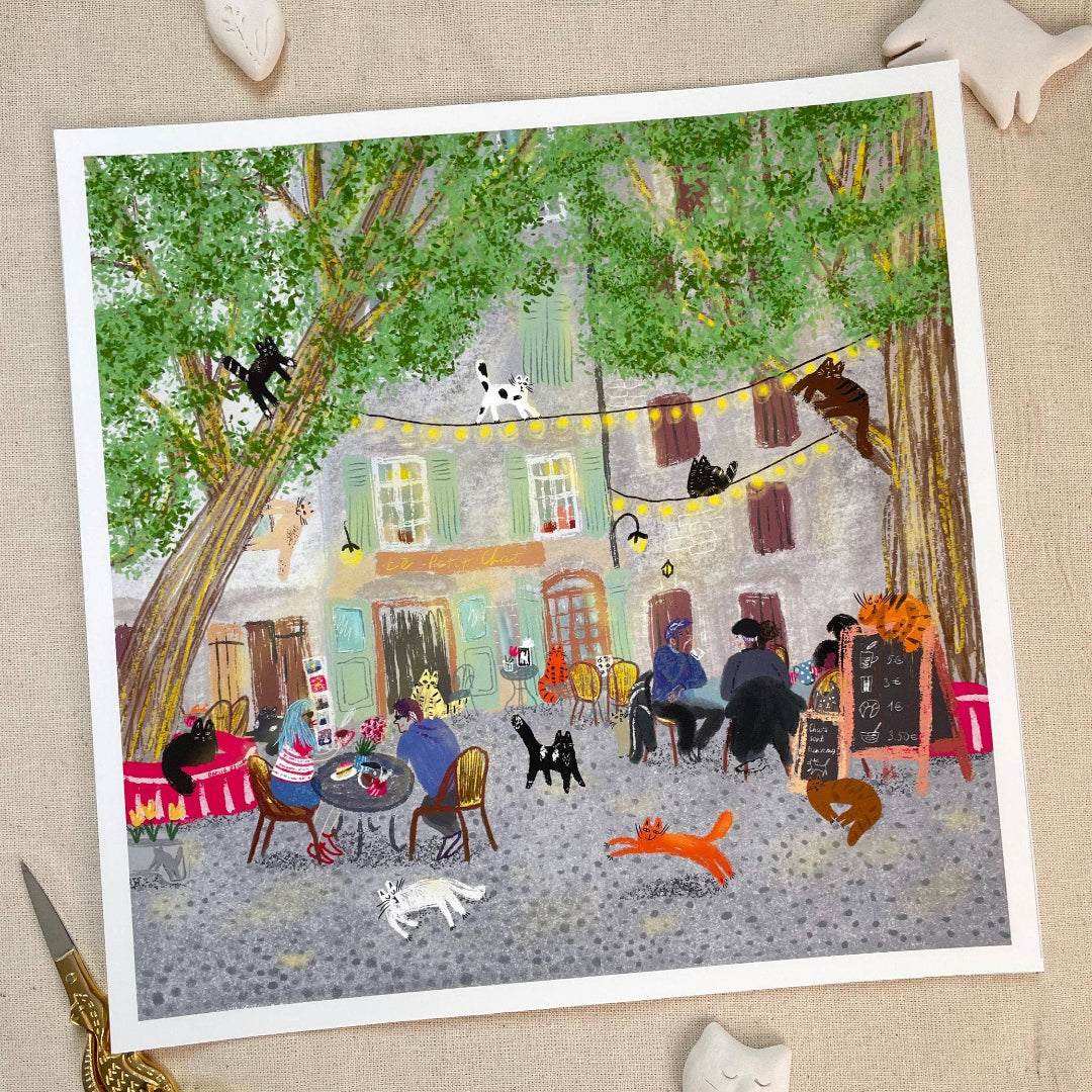 Cats in Restaurant in France, Unframed Art Print