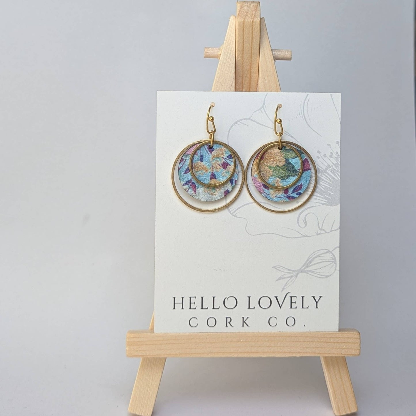 Hello Lovely Cork Co., Circle Cork and Brass Earrings, Spring Floral on Blue