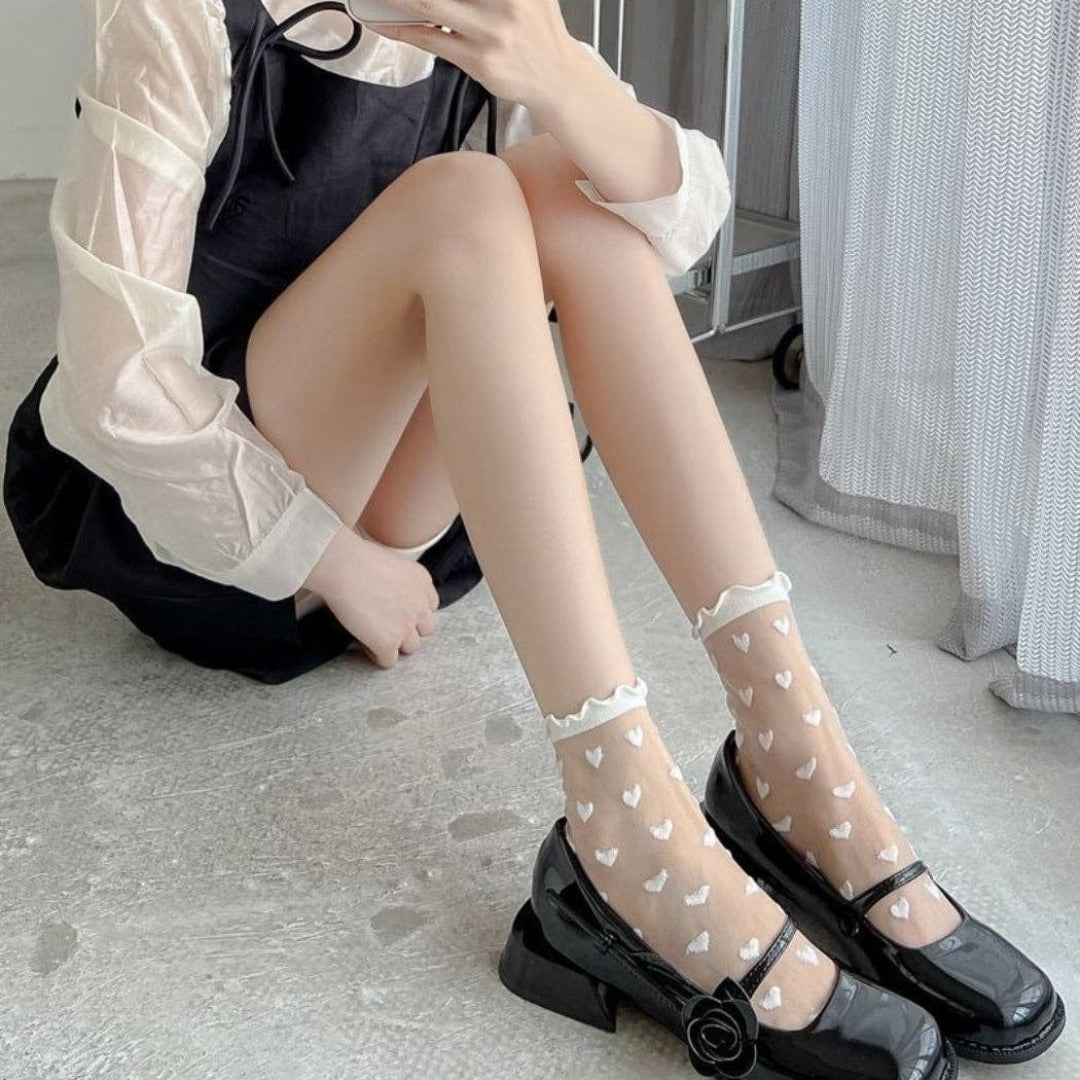 Rufia, Sheer Heart Lace Trim Crew Socks