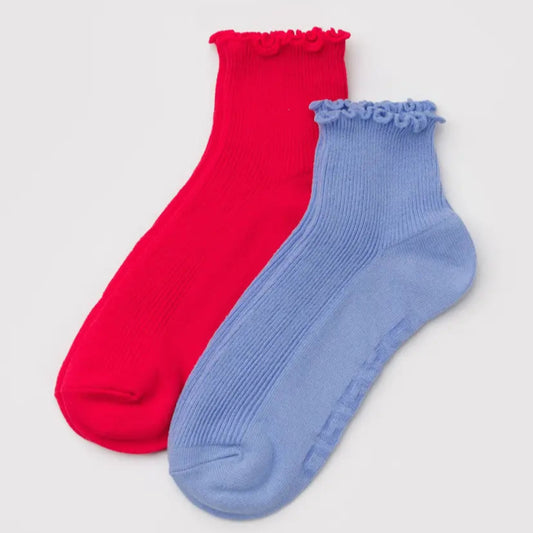 Baggu, Lettuce Edge Sock, Set or 2, Light Blue & Red