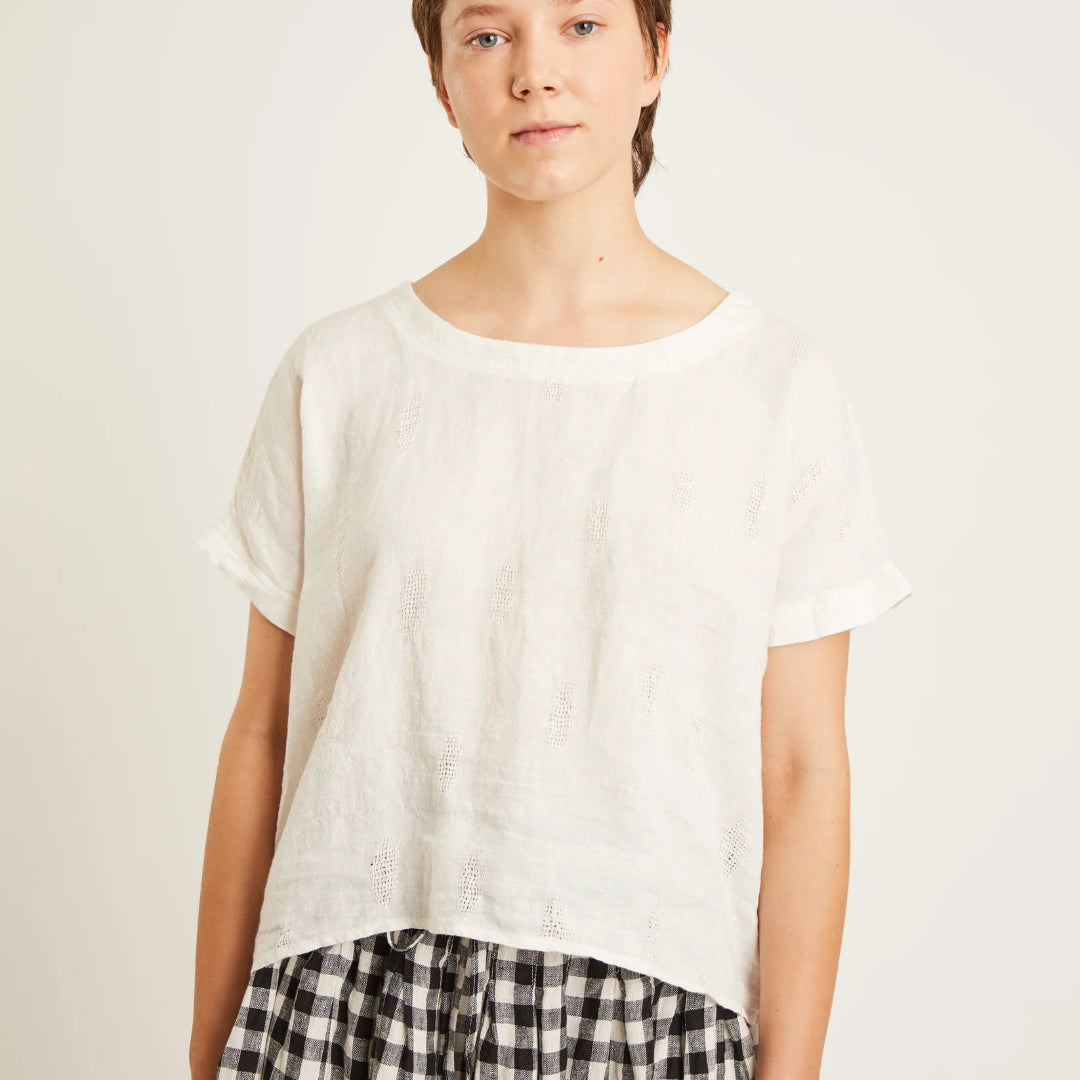 Naif,  Joanna Linen Top with Openwork Details, Ivory