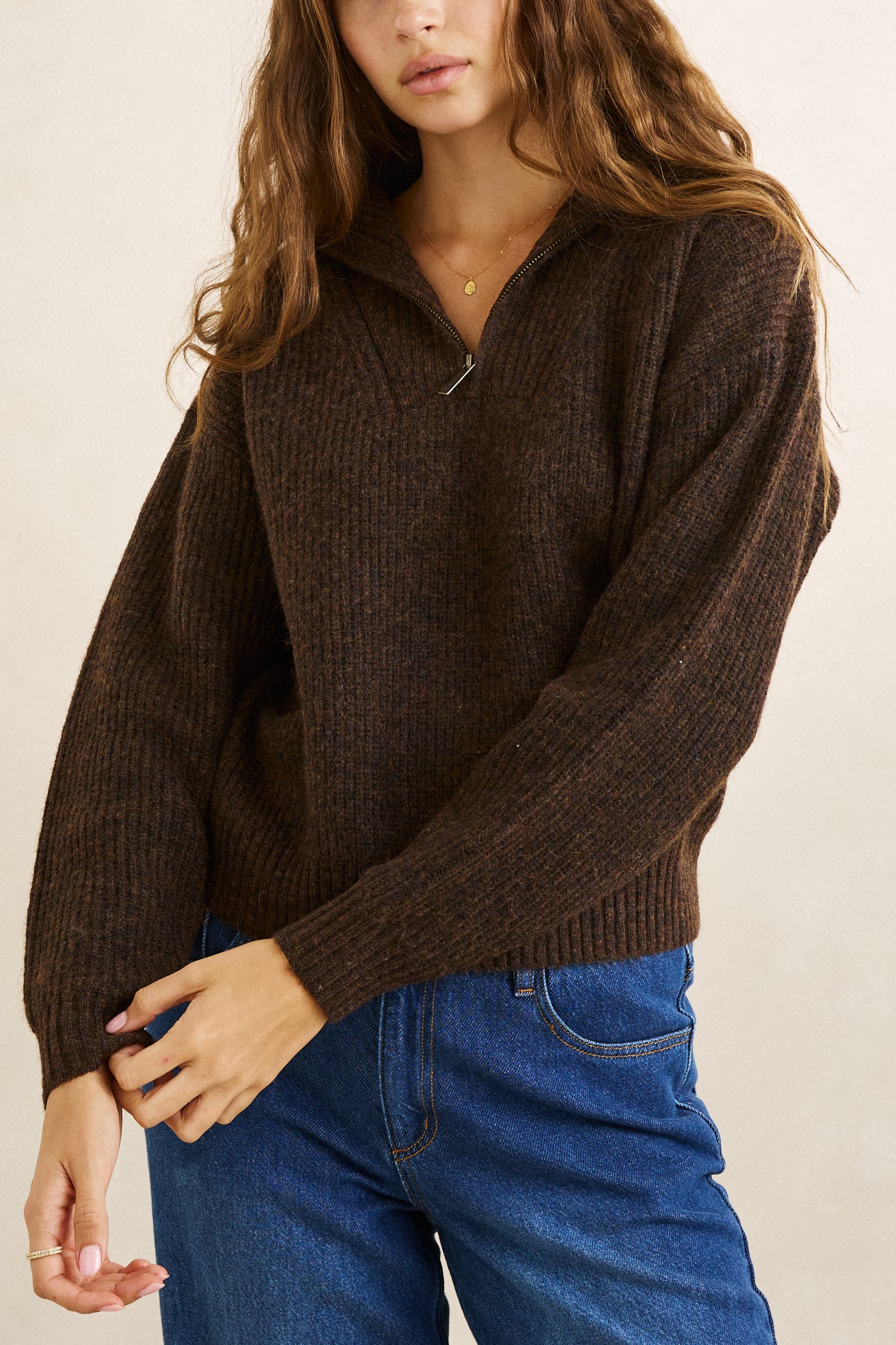 Rhythm, Quince Zip Knit, Chocolate Brown
