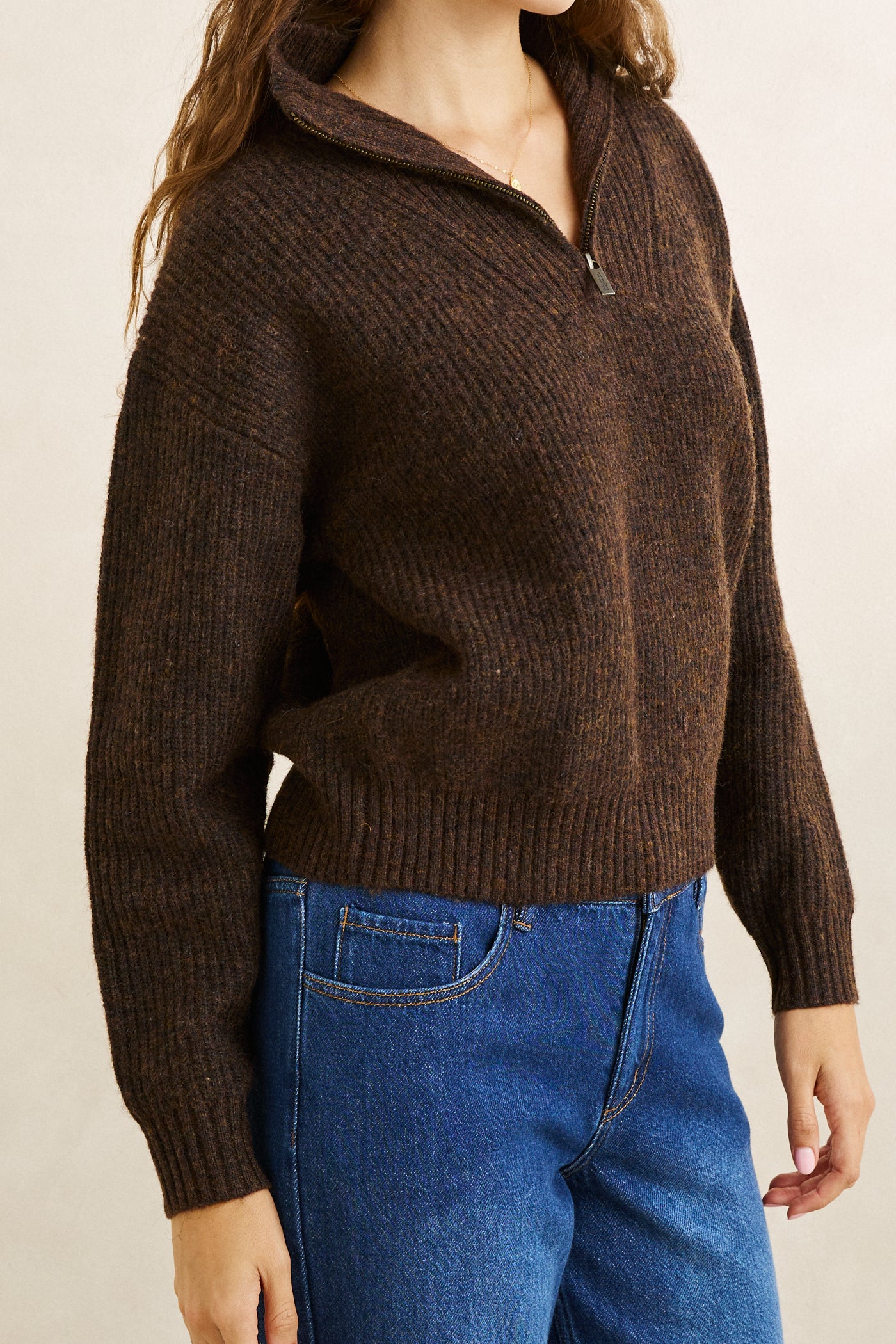 Rhythm, Quince Zip Knit, Chocolate Brown