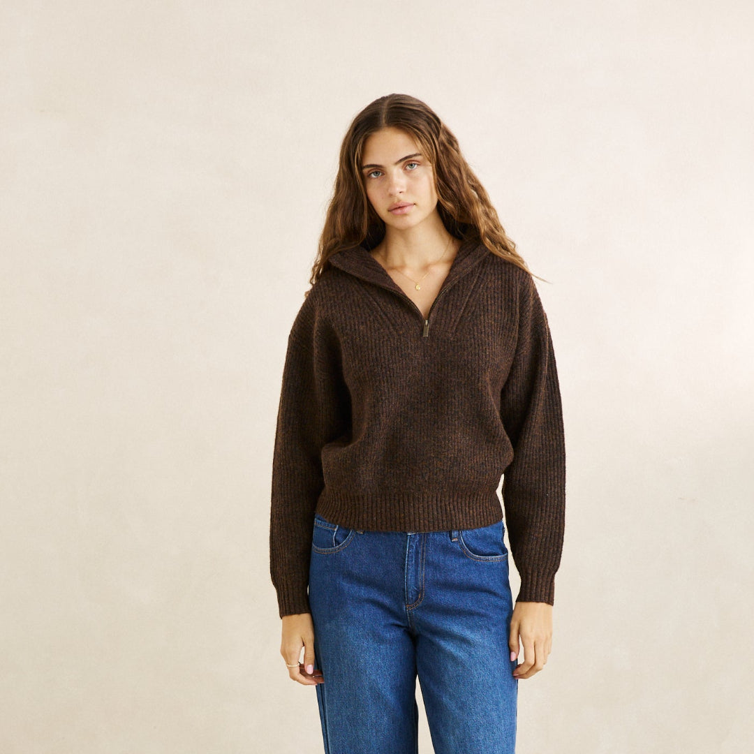 Rhythm, Quince Zip Knit, Chocolate Brown
