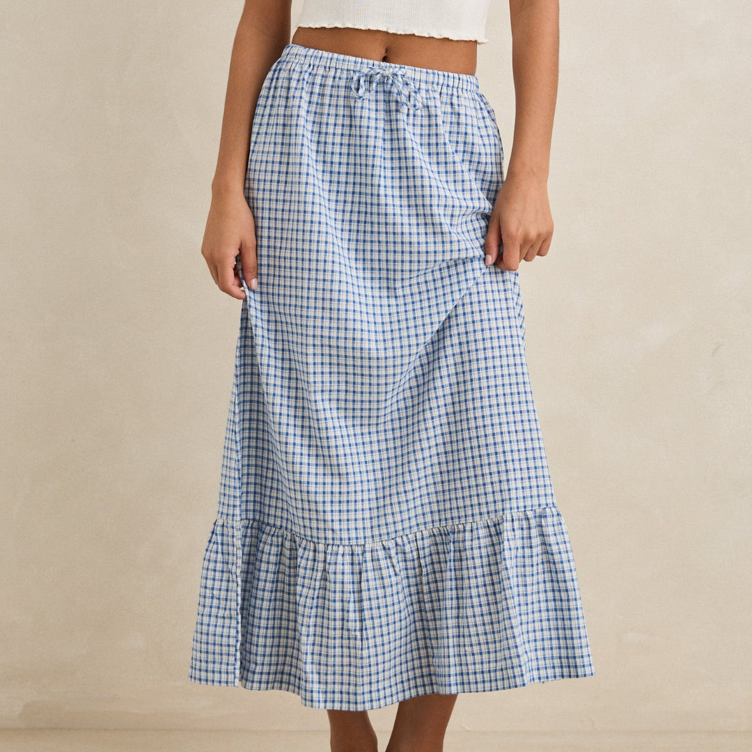 Rhythm, Lola Check Tiered Maxi Skirt, Blue