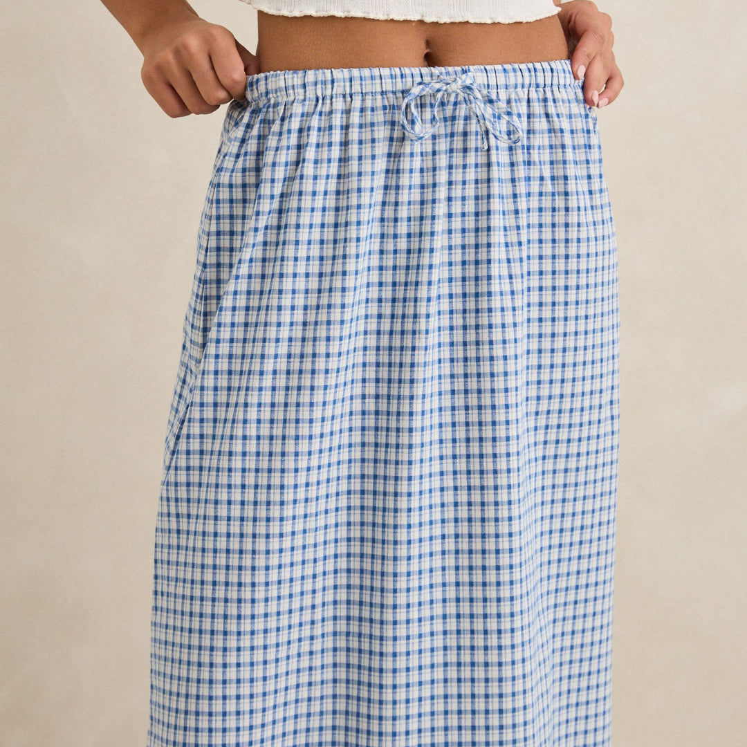 Rhythm, Lola Check Tiered Maxi Skirt, Blue