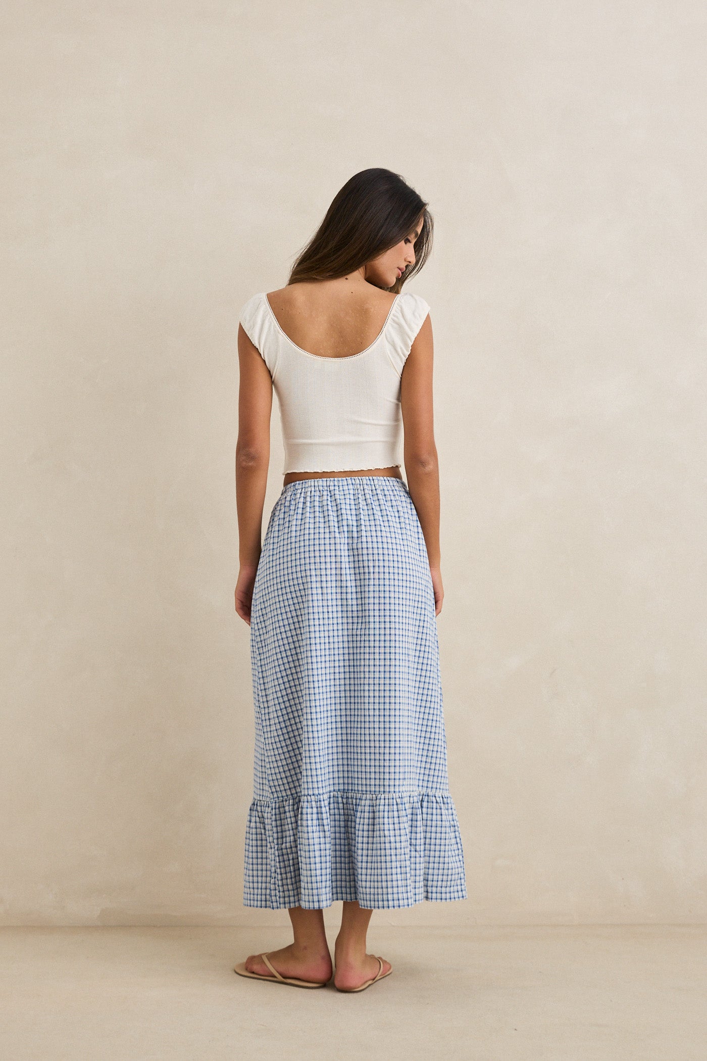 Rhythm, Lola Check Tiered Maxi Skirt, Blue