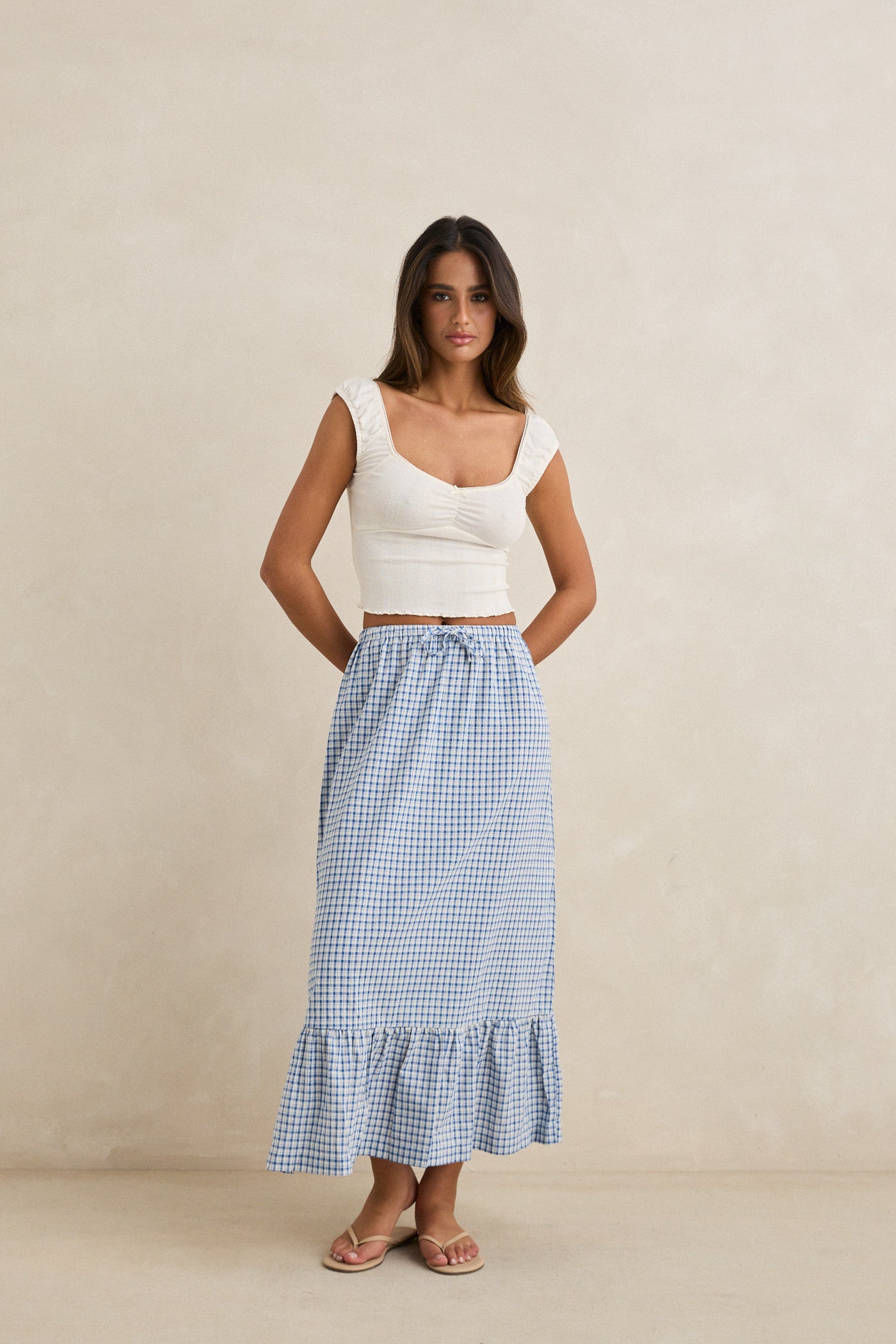 Rhythm, Lola Check Tiered Maxi Skirt, Blue