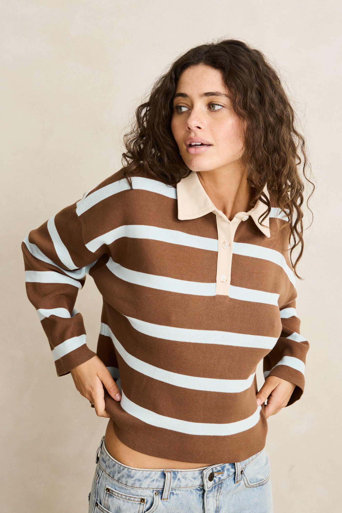 Rhythm, Rugby Polo Knit Sweater, Brown