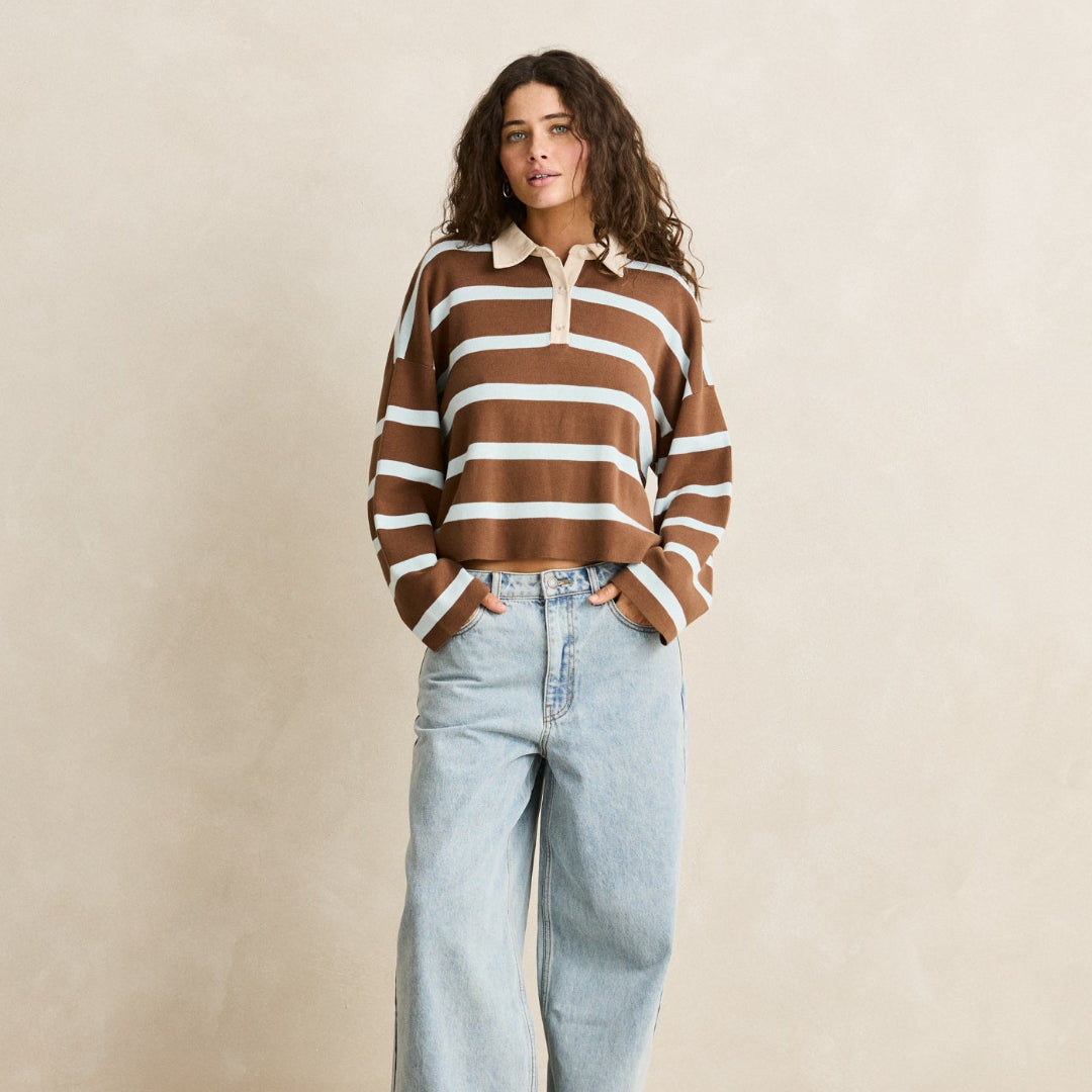 Rhythm, Rugby Polo Knit Sweater, Brown