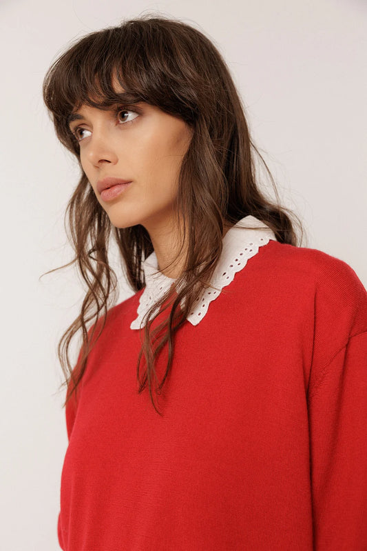 A woman wearing a bright red knit sweater with a white eyelet lace Peter Pan collar, photographed against a plain white background.