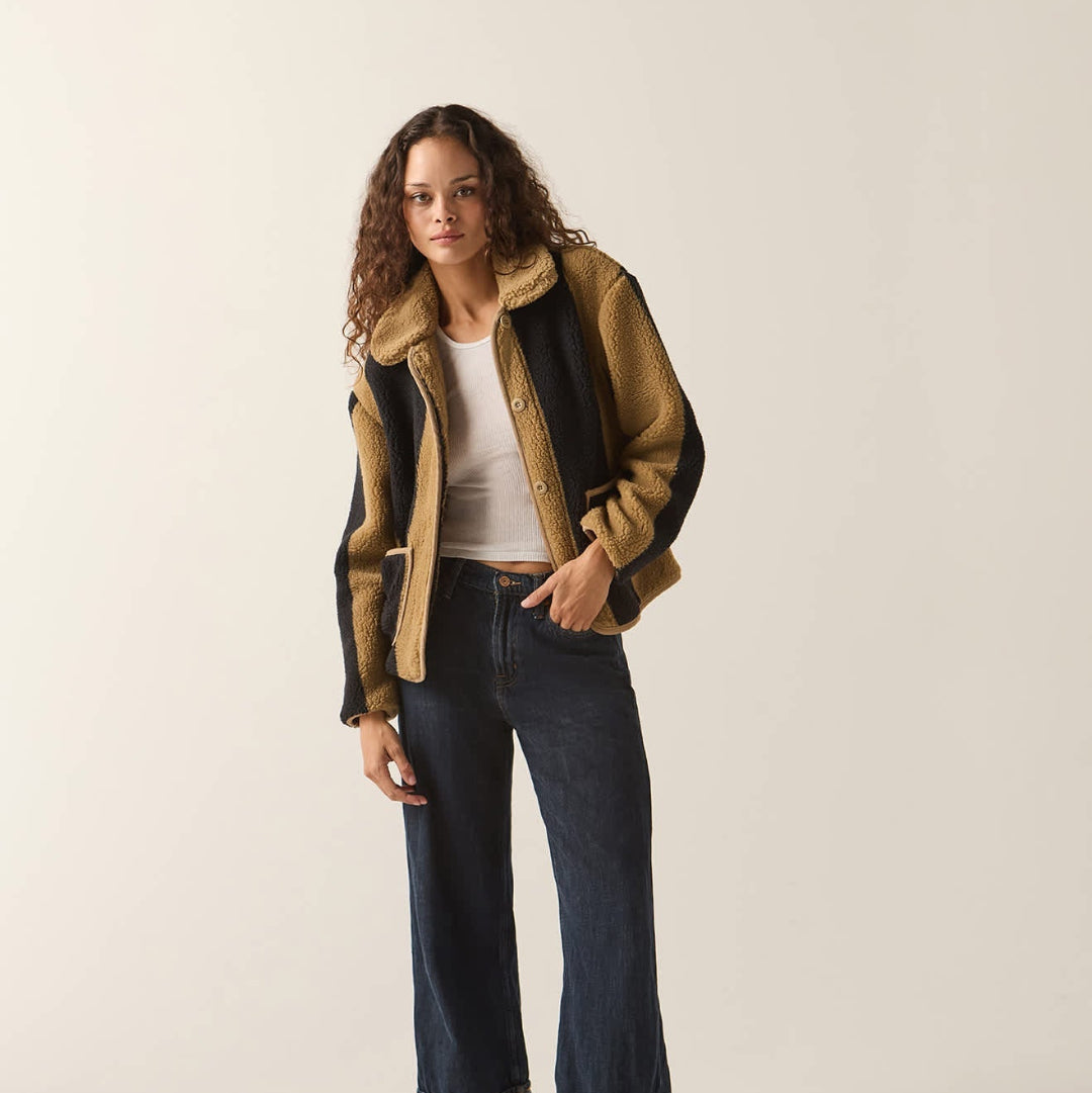 Brixton, Delilah Sherpa Jacket, Khaki/Black Stripe