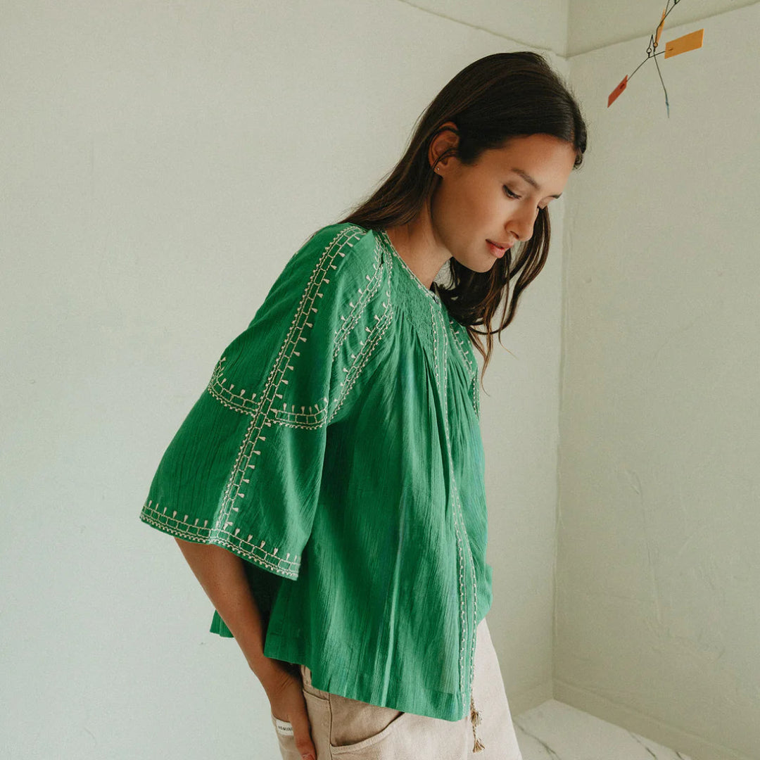 Indi & Cold, Bell-Sleeve Shirt, Green