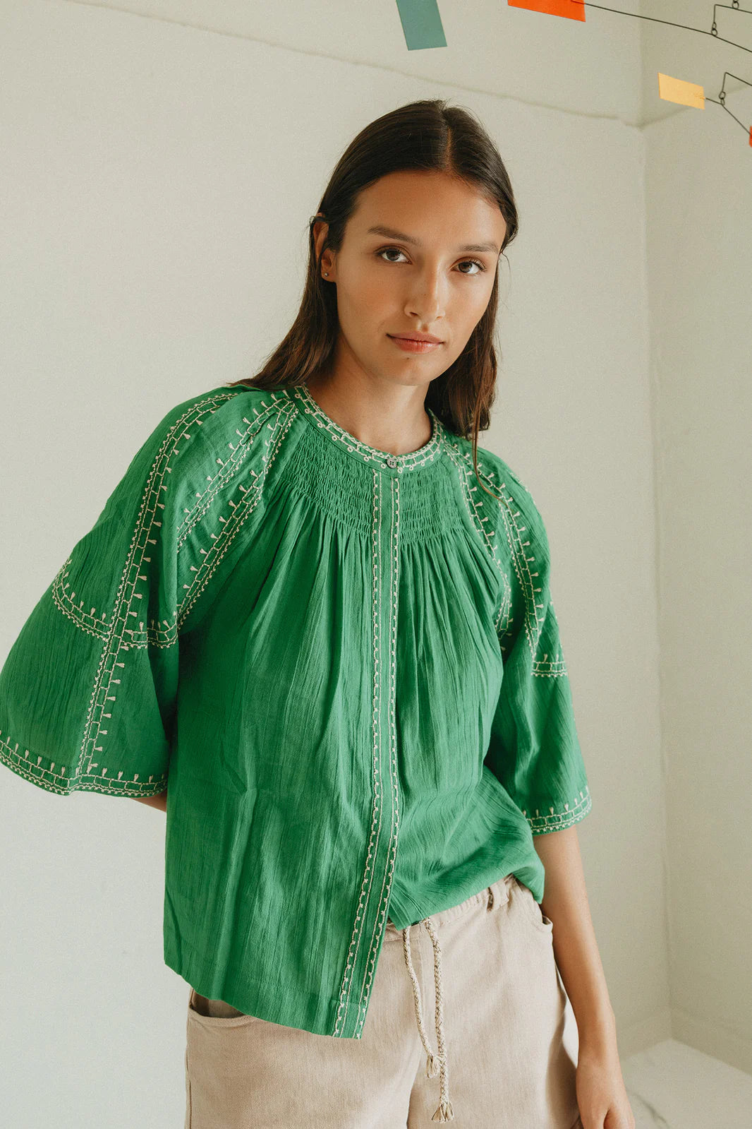 Indi & Cold, Bell-Sleeve Shirt, Green