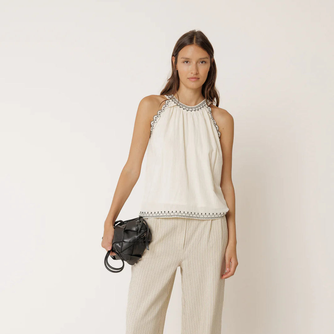 Indi & Cold, Contrast Embroidery Top, Ecru