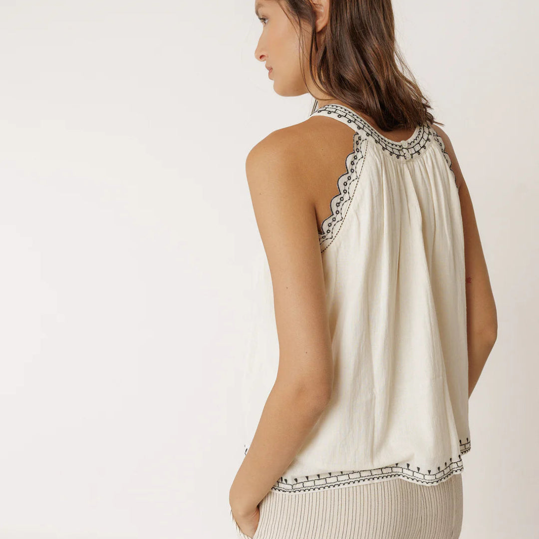 Indi & Cold, Contrast Embroidery Top, Ecru