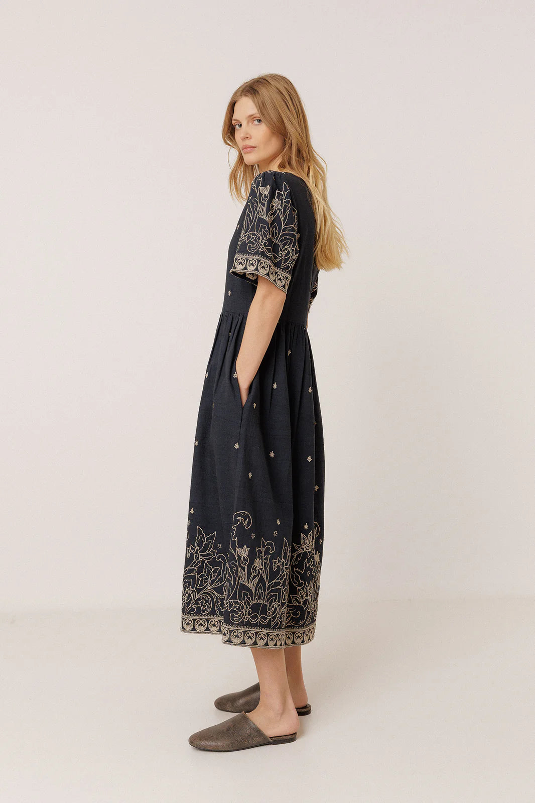 Indi & Cold, Embroidered Dress, Navy