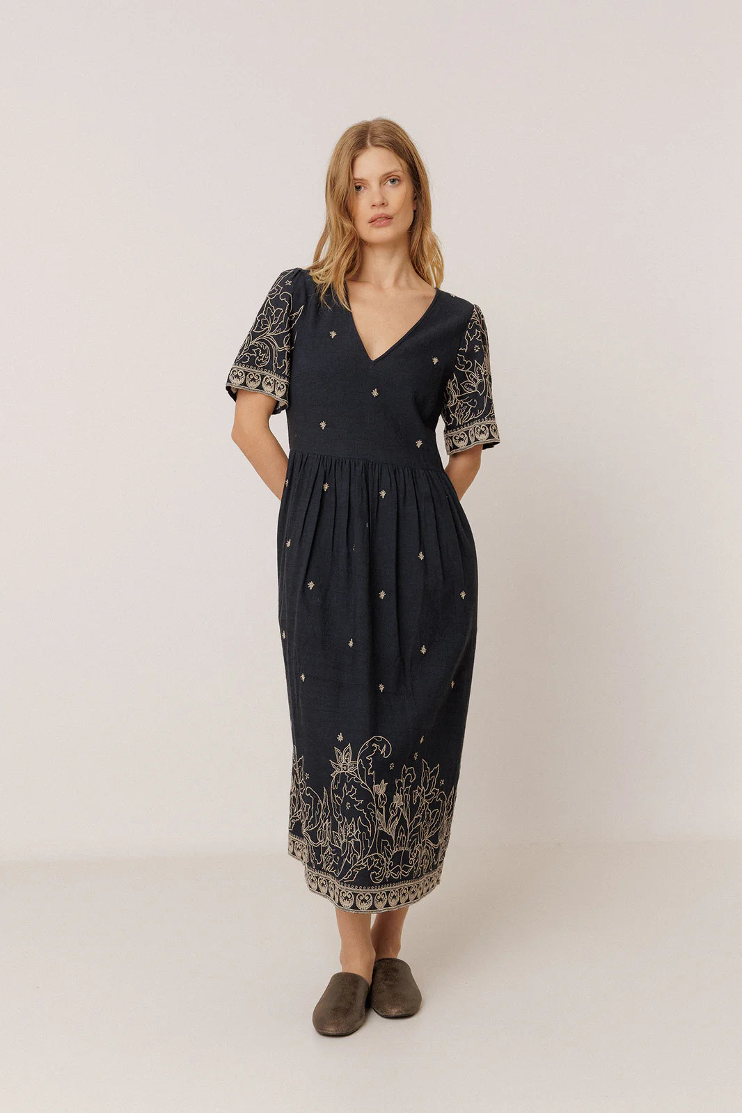 Indi & Cold, Embroidered Dress, Navy