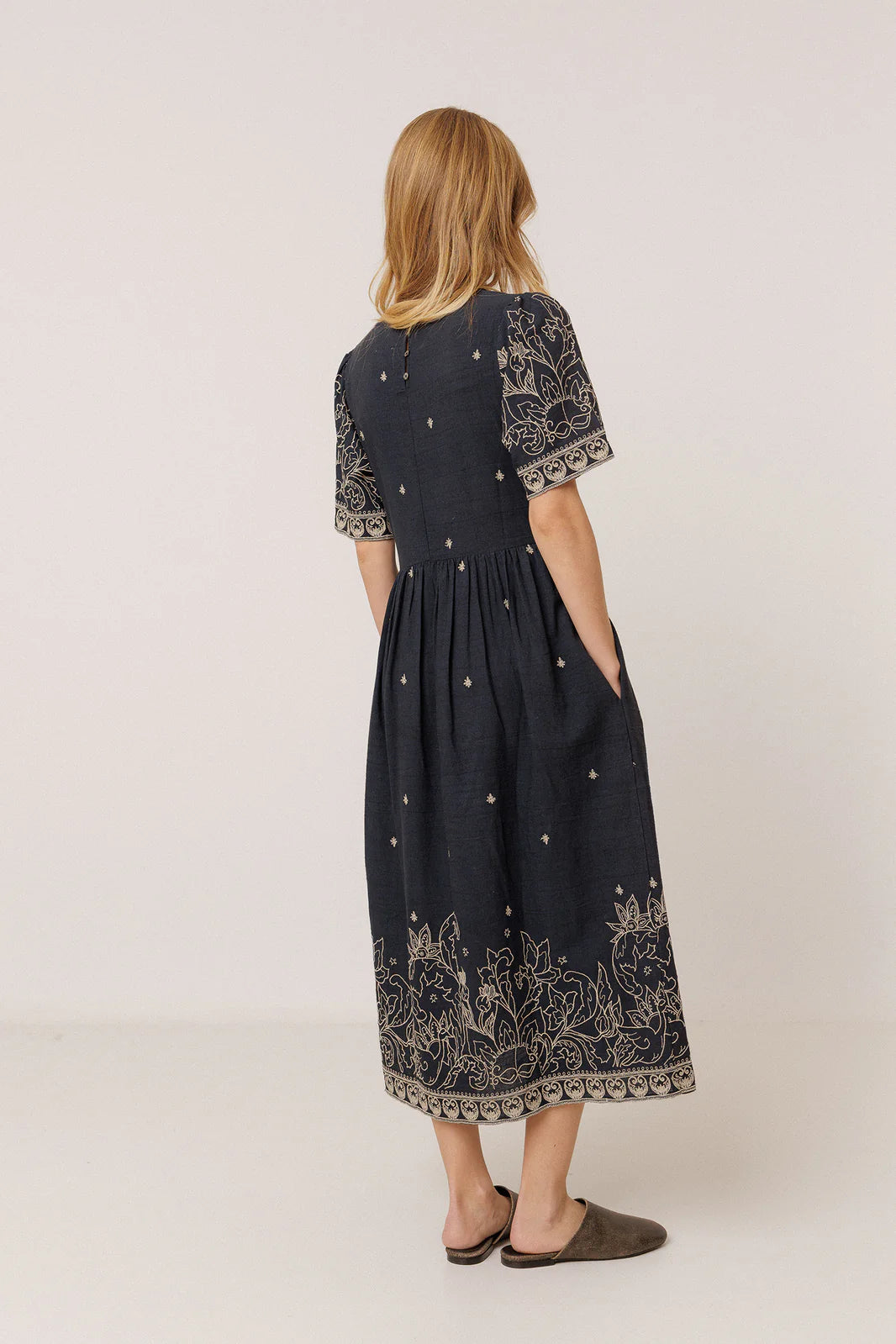 Indi & Cold, Embroidered Dress, Navy