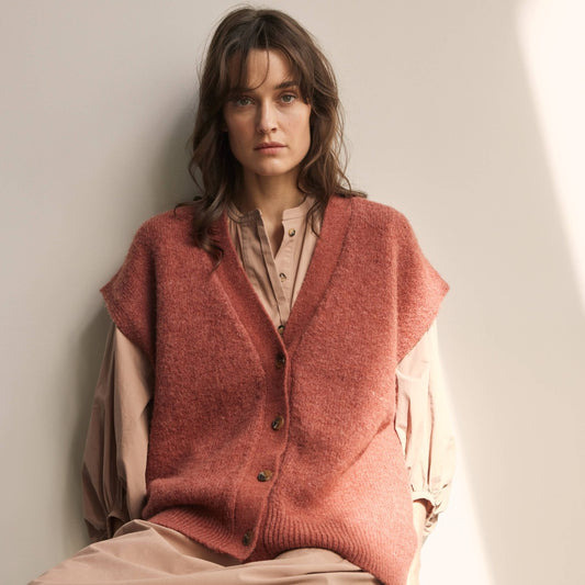 Alpaca Wool Blend Button-Down Sweater Vest, Brick