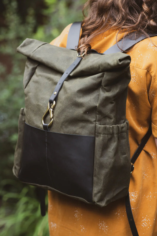 Roll Top Leather and Waxed Cotton Backpack, De Lorimier Model