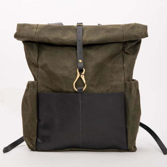 Roll Top Leather and Waxed Cotton Backpack, De Lorimier Model